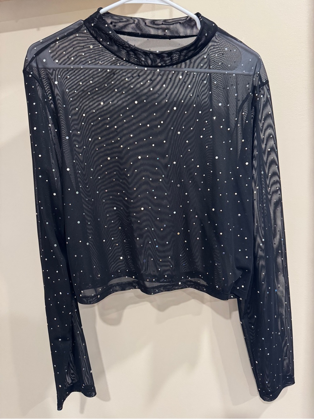 SHEIN Black Sheer Mesh Long Sleeve Top with Silver Studs